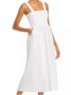 Aqua White Eyelet Smocked Square-Neck Midi Dress